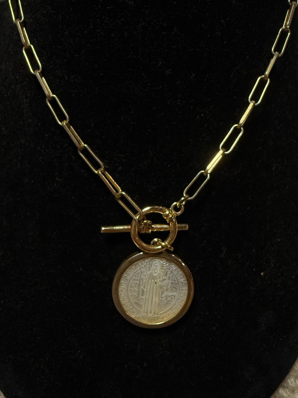 St. Benedict Mother of Pearl Gold Tone Paperclip Toggle Necklace